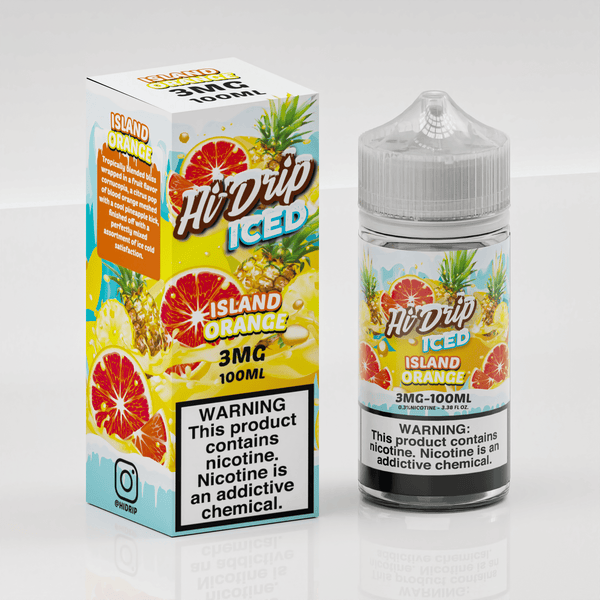 Bottle of Hi Drip Island Orange ICED e-liquid 100mL with bright orange flavor label and icy cooling design.