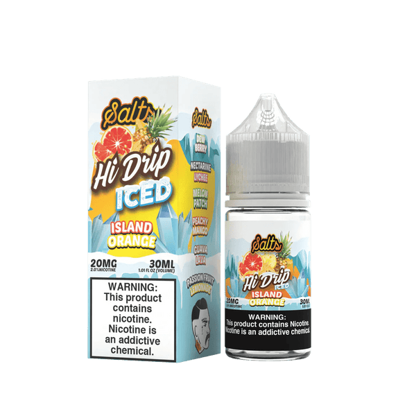 Island Orange ICED SALT e-liquid by Hi Drip in 30mL bottle, featuring a refreshing orange flavor with cooling menthol finish.