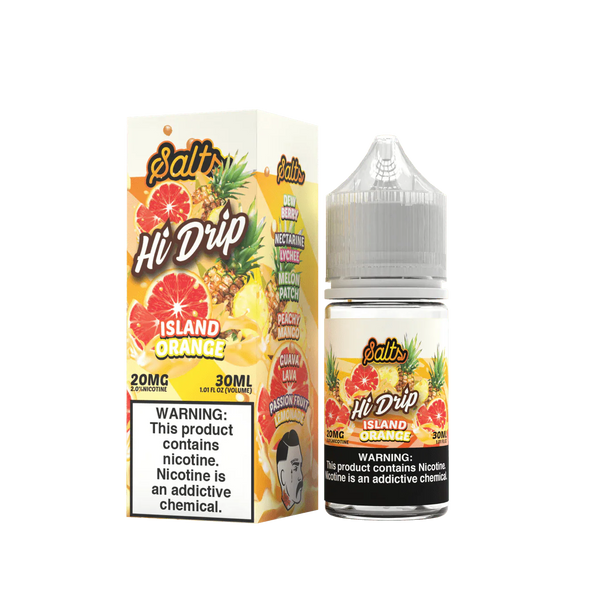 Bottle of Island Orange Salt e-liquid by Hi Drip with vibrant orange label and 30mL size.