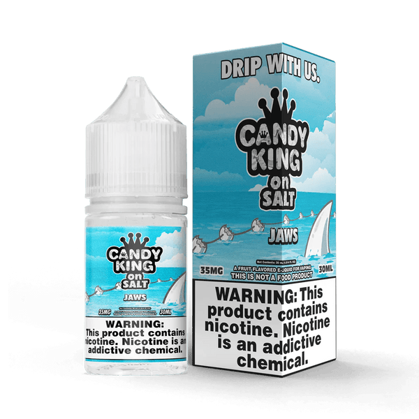 Jaws SALT e-liquid by Candy King in a 30mL bottle, featuring vibrant packaging and the product label.