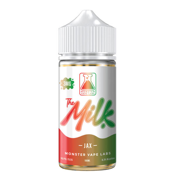 A 100mL bottle of JAX The Milk e-liquid by The Milk E-Liquid, featuring a colorful label with milk and flavor design elements.