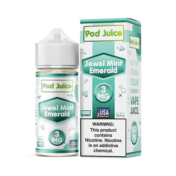 Bottle of Jewel Mint Emerald E-liquid by Pod Juice, 100mL with vibrant mint and emerald green design on the label.