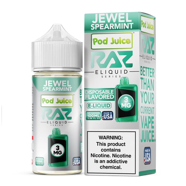 Jewel Spearmint Pod Juice x Raz E-Liquid 100mL bottle with mint-flavored e-liquid in a clear plastic bottle.