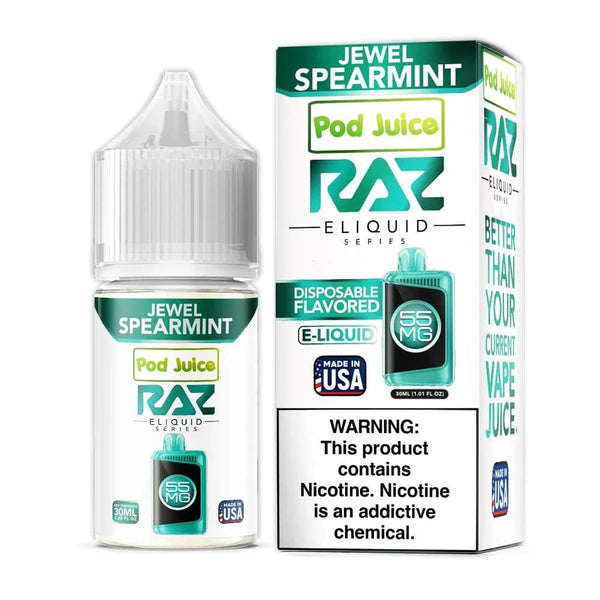 Jewel Spearmint SALT e-liquid by Pod Juice, 30mL bottle with mint-green label and dropper cap for vaping.