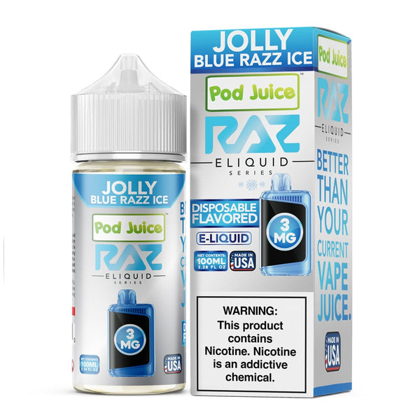 Bottle of Pod Juice Jolly Blue Razz ICE e-liquid, 100mL, with blue raspberry flavor and icy menthol cooling effect.