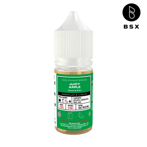 Juicy Apple SALT e-liquid by BSX Vapor in a 30mL bottle, featuring fresh apple flavor for vaping.