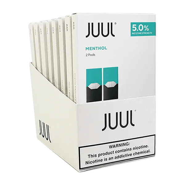 JUUL Menthol Disposable Vape Pods shown in a pack, featuring sleek design and menthol flavor branding.