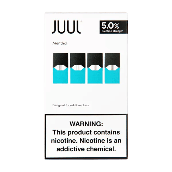 JUUL Menthol Disposable Vape Pods showing sleek packaging and a menthol flavor label, designed for easy vaping use.