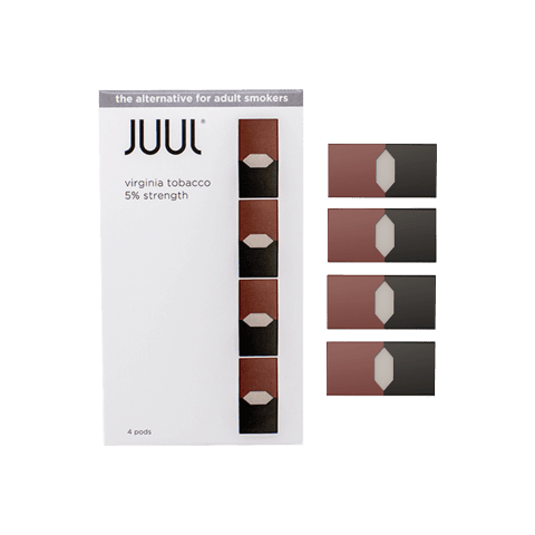 JUUL Virginia Tobacco Disposable Vape Pods showing the sleek cylindrical design and packaging label.