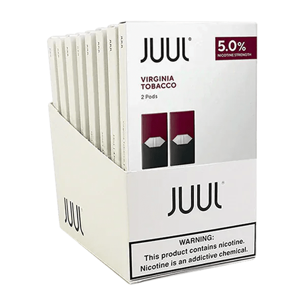 JUUL Virginia Tobacco disposable vape pods shown in black packaging, designed for easy use with JUUL devices.