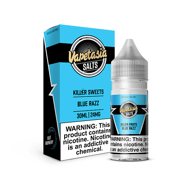 Vapetasia Killer Fruits Blue Razz SALT e-liquid bottle, 30mL, with vibrant blue raspberry flavor and colorful label.