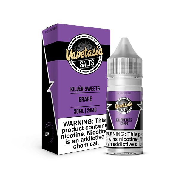 Vapetasia Killer Fruits Grape Salt e-liquid bottle, 30mL, featuring a vibrant grape flavor label and clear plastic container