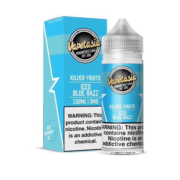 Vapetasia Killer Fruits ICED Blue Razz e-liquid bottle showing vibrant blue raspberry flavor label and 100mL size.