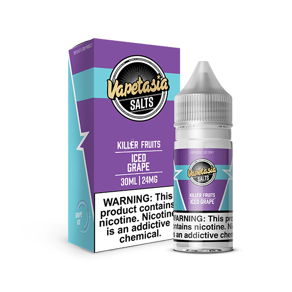 Vapetasia Killer Fruits ICED Grape Salt e-liquid 30mL bottle with purple grape flavor and icy menthol finish.