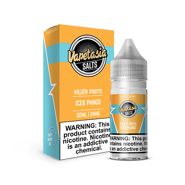 Vapetasia Killer Fruits ICED Pango SALT e-liquid bottle, 30mL, with colorful fruit and icy design for vaping flavor.