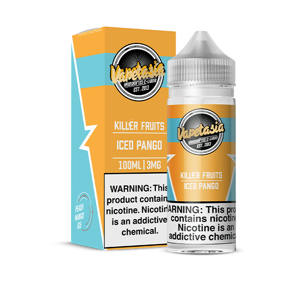 Vapetasia Killer Fruits ICED Pango e-liquid bottle with vibrant label, 100mL size, featuring tropical fruit and menthol flavor.