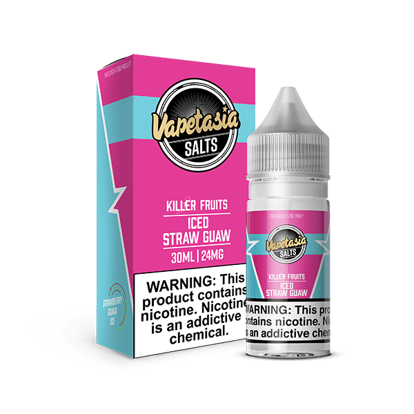 Vapetasia Killer Fruits ICED Straw Guaw Salt e-liquid bottle, 30mL, with colorful label and flavor details.
