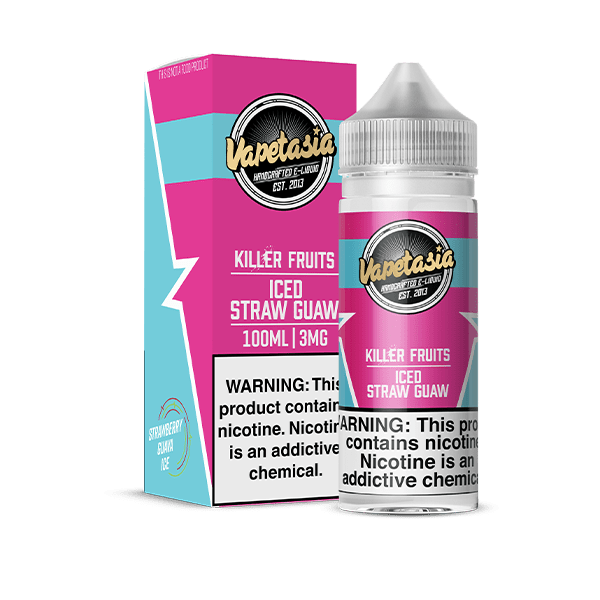 Vapetasia Killer Fruits ICED Straw Guaw e-liquid bottle with colorful label, 100mL size, featuring icy strawberry and guava flavor.