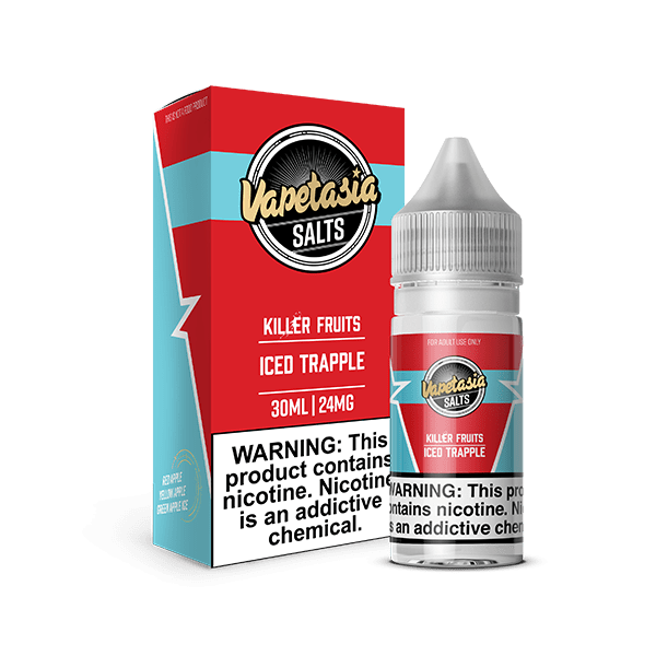 Vapetasia Killer Fruits ICED Trapple Salt e-liquid bottle with colorful label, 30mL vape juice for electronic cigarettes.