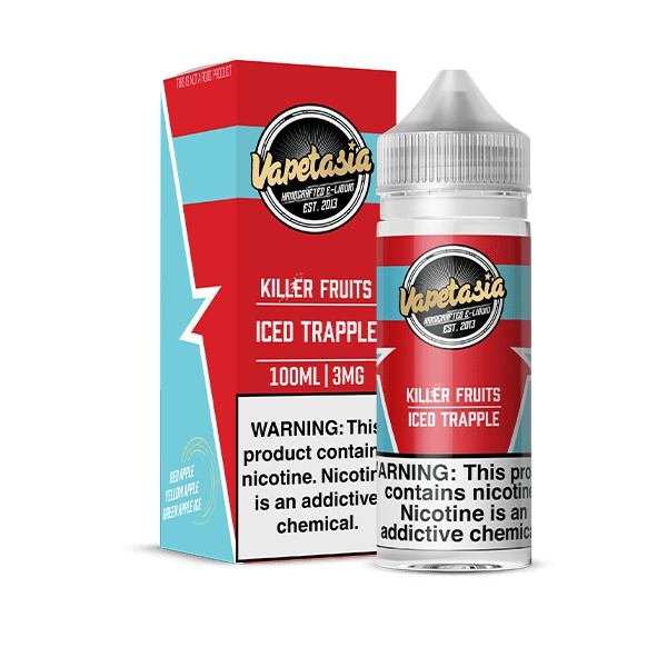 Vapetasia Killer Fruits ICED Trapple e-liquid bottle, 100mL with vibrant label, featuring a refreshing apple and fruit flavor.