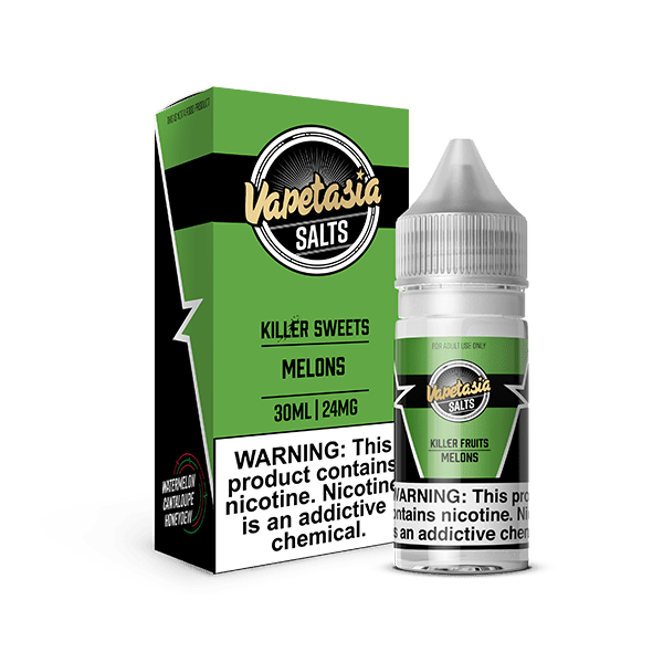 Vapetasia Killer Fruits Melons SALT e-liquid bottle, 30mL with colorful label featuring fresh melon graphics.