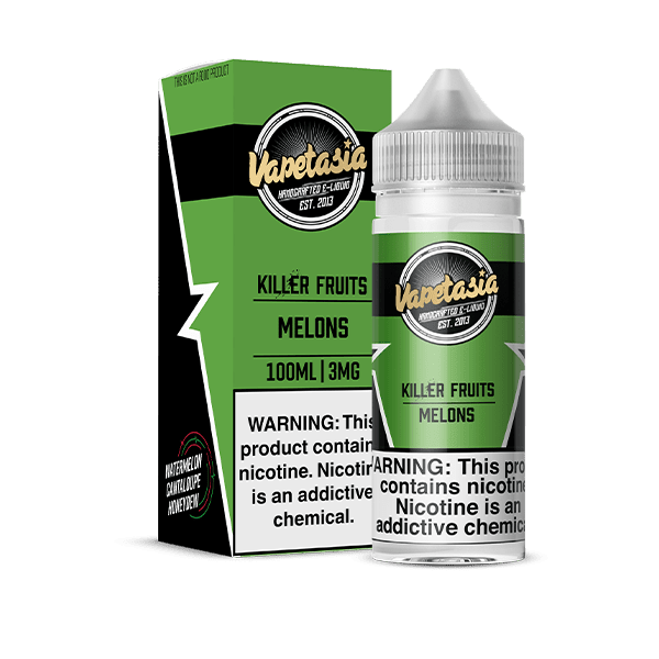 Vapetasia Killer Fruits Melons e-liquid bottle with colorful label, 100mL size, featuring fresh melon illustrations.