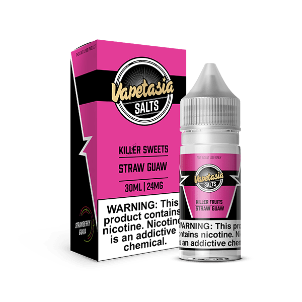 Vapetasia Killer Fruits Straw Guaw Salt e-liquid bottle with colorful label, 30mL vape juice for electronic cigarettes.