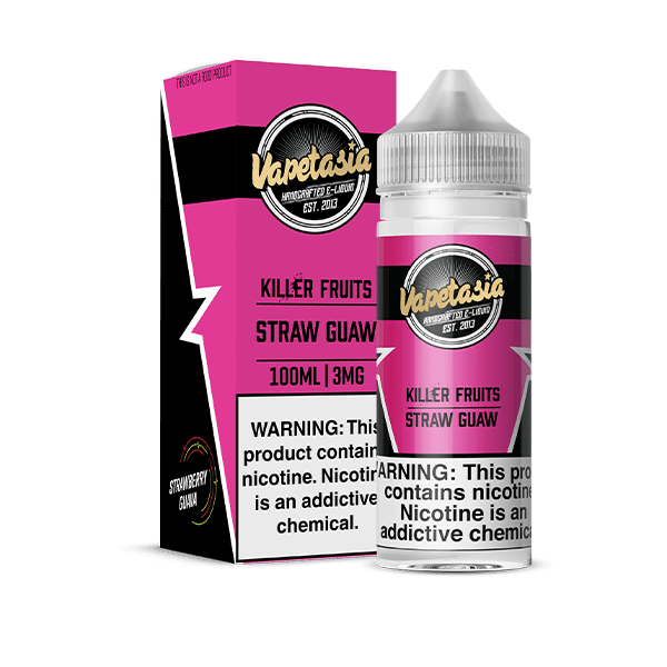 Vapetasia Killer Fruits Straw Guaw e-liquid bottle with colorful label and 100mL size, featuring fresh strawberry and guava flavors.