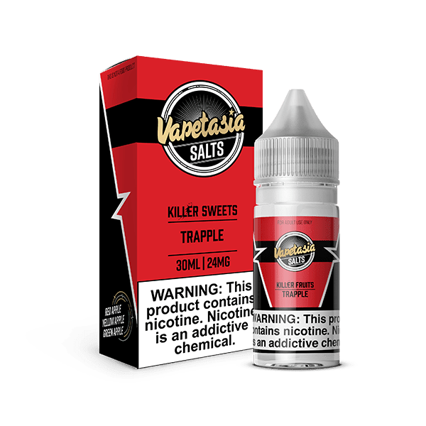 Vapetasia Killer Fruits Trapple Salt e-liquid 30mL bottle with colorful label featuring apple and fruit graphics.