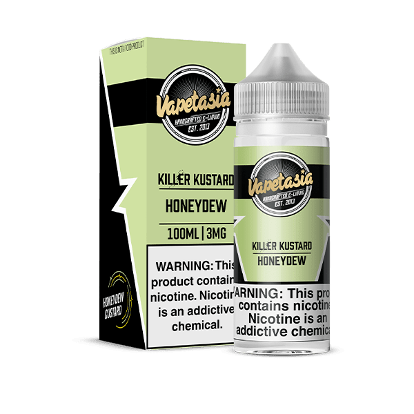Vapetasia Killer Kustard Honeydew e-liquid bottle, 100mL, with a label featuring custard and honeydew flavor graphics.