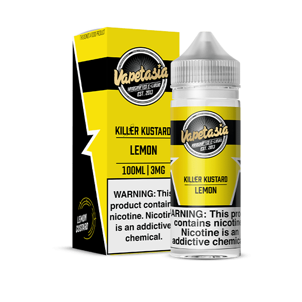 Vapetasia Killer Kustard Lemon e-liquid bottle, 100mL, featuring a yellow label and lemon imagery on the packaging.
