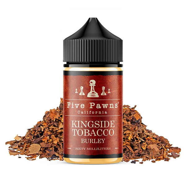 Bottle of Kingside Tobacco e-liquid by Five Pawns in a 60mL bottle with a dark label and branding details visible.