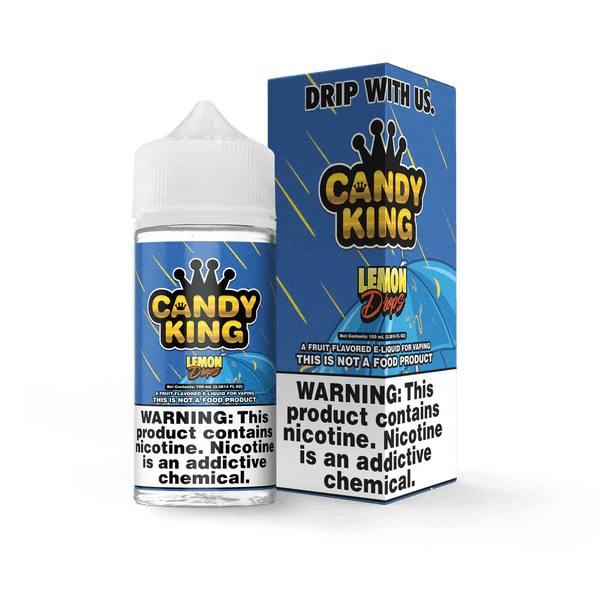 Lemon Drops e-liquid by Candy King in a 100mL bottle, showcasing bright yellow lemon-flavored candy design.