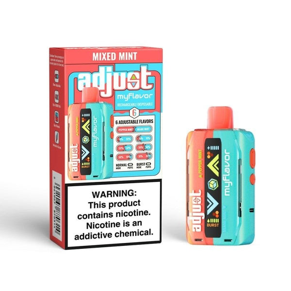 Adjust Lost Mary Adjust MyFlavor 40K disposable vape with colorful design and sleek shape, showing the device's branding and puff capacity.