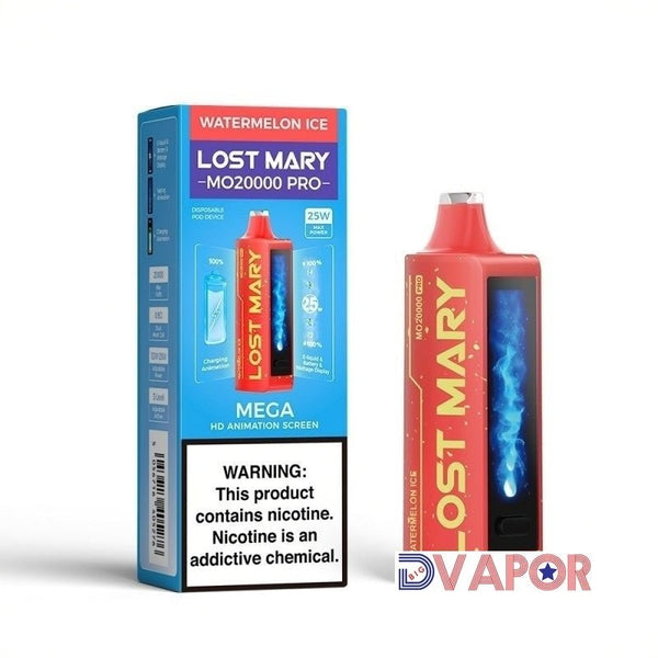 Lost Mary MO20000 Pro disposable vape with animated HD screen, showcasing sleek design and user interface.