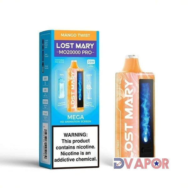 Lost Mary MO20000 Pro disposable vape with animated HD screen, sleek design, and compact form factor.
