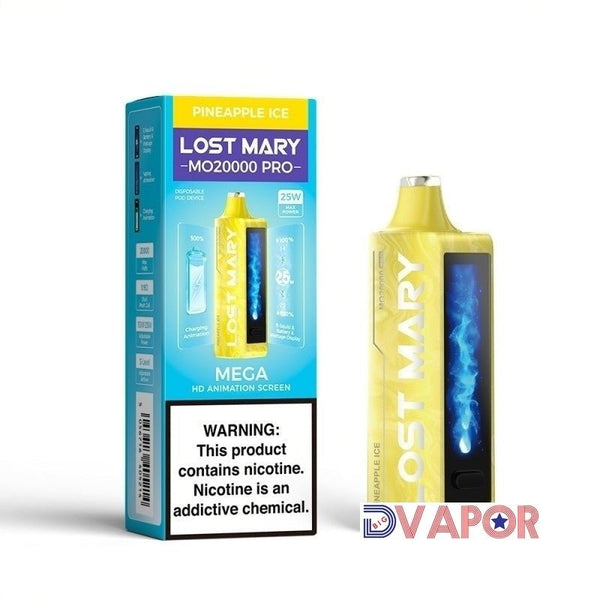 Lost Mary MO20000 Pro disposable vape with animated HD screen, showcasing sleek design and user interface.