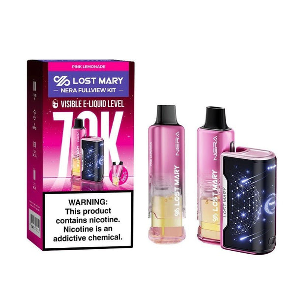 Lost Mary NERA 70K disposable vape kit with two pods, showcasing sleek design and pod insertion area.