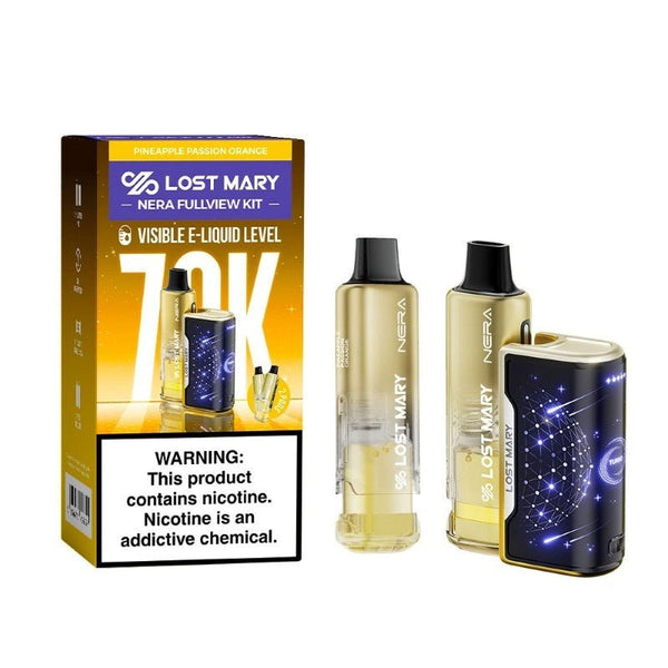 Lost Mary NERA 70K disposable vape kit with two pods, featuring sleek design and compact size for easy vaping.