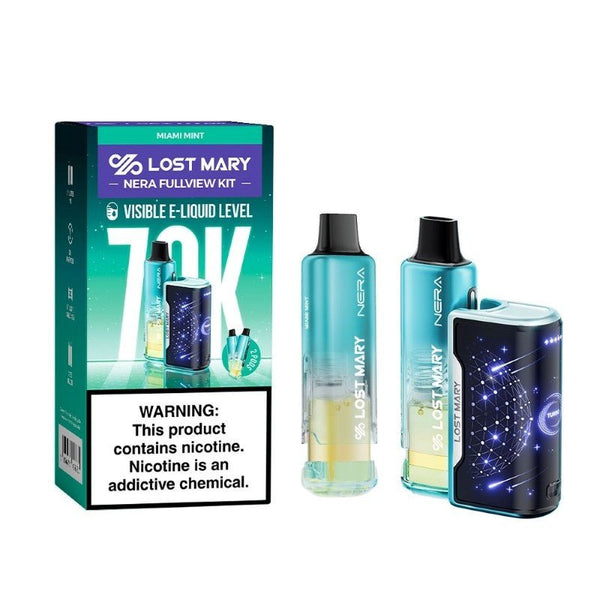 Lost Mary NERA 70K disposable vape kit with two pods, featuring sleek design and easy-to-use vapor device.