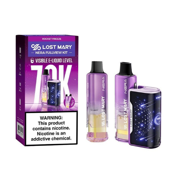 Lost Mary NERA 70K disposable vape kit with two pods, featuring sleek design and compact size for easy vaping.