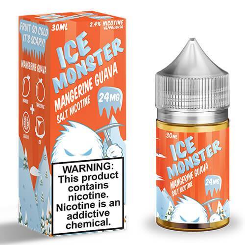 Mangerine Guava SALT e-liquid by ICE Monster in a 30mL bottle, featuring bright orange and purple flavors with fruit and citrus imagery.