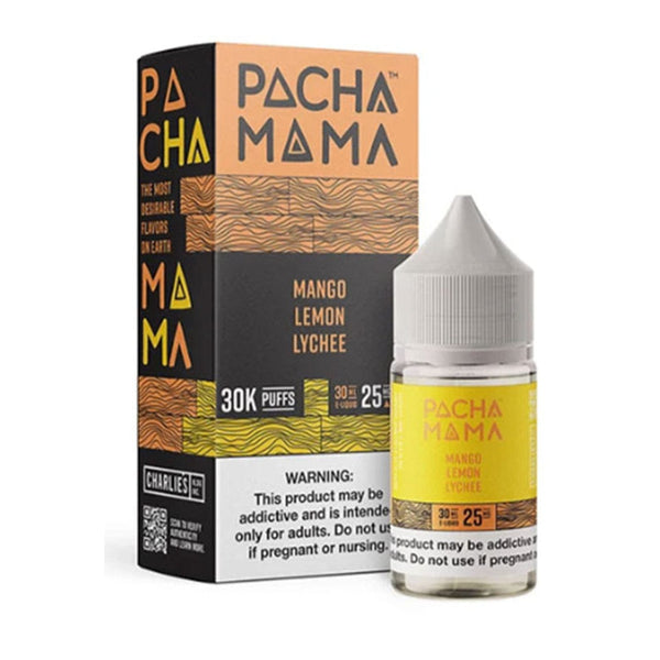 Mango Lemon Lychee Salt E-liquid by Pachamama in 30mL bottle, featuring tropical mango, tangy lemon, and sweet lychee flavors.