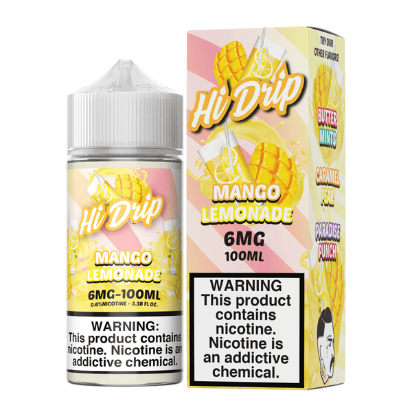 Bottle of Hi Drip Mango Lemonade e-liquid in 100mL size, featuring vibrant mango and lemon flavor branding.