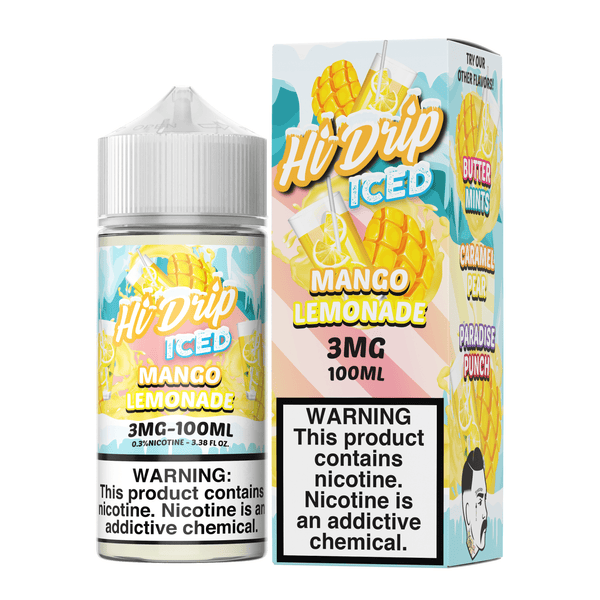 Bottle of Hi Drip Mango Lemonade Iced e-liquid in 100mL bottle with vibrant label, featuring mango and lemon illustrations.
