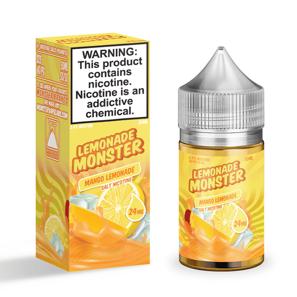 Mango Lemonade SALT e-liquid bottle by Lemonade Monster, 30mL, with bright orange and yellow label featuring mango and lemon images.