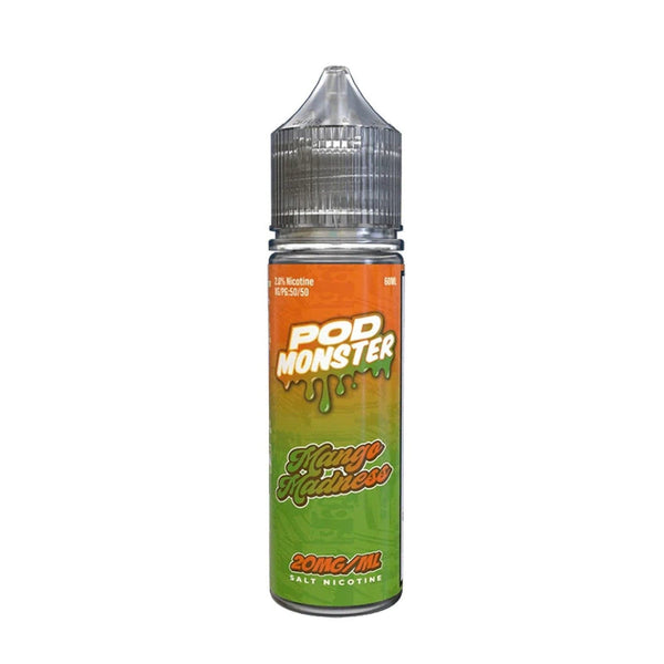 Mango Madness SALT e-liquid by Pod Monster in a 60mL bottle, featuring a vibrant mango flavor for vaping.
