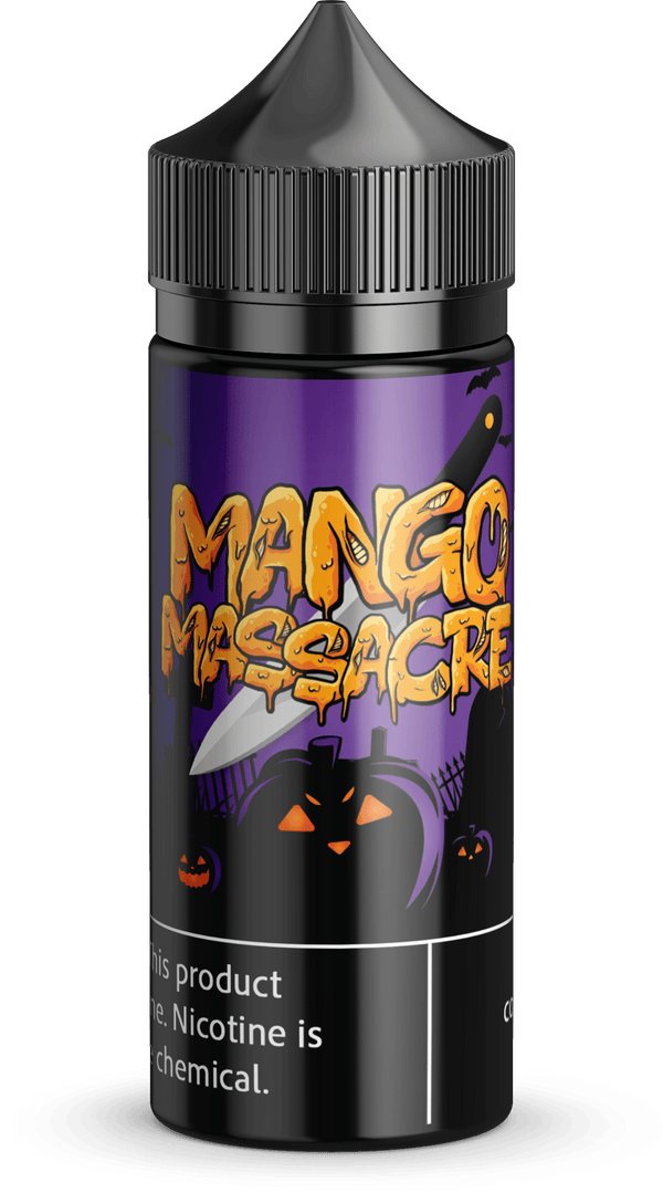 Vapergate Mango Massacre e-liquid bottle, 100ml size, with colorful label featuring mango imagery and vibrant branding.