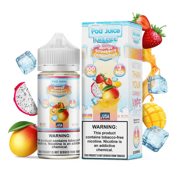Mango, strawberry, and dragonfruit flavored e-liquid by Pod Juice in a 100mL bottle with vibrant fruit illustration.