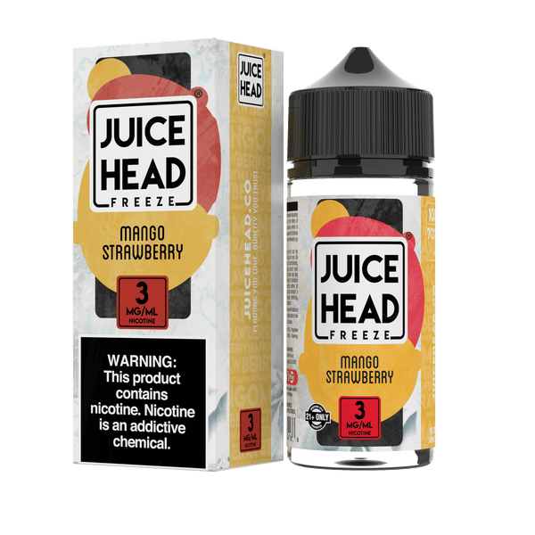 Juice Head Mango Strawberry Freeze e-liquid 100mL bottle with vibrant mango and strawberry flavor illustration.